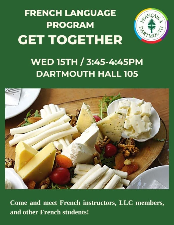 A bright green poster that says "French Language Program - Get Together". It also has the date and time and a large picture of a mini charcuterie board with cheese and fruit. 