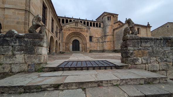 Outside of a church in Santillana del Mar which is a medieval town in the Cantabria region of Spain