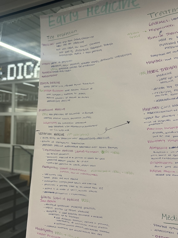 Handwritten history of healthcare notes displayed on blank paper, featuring detailed bullet points and key concepts, highlighting the evolution of healthcare systems and policies.