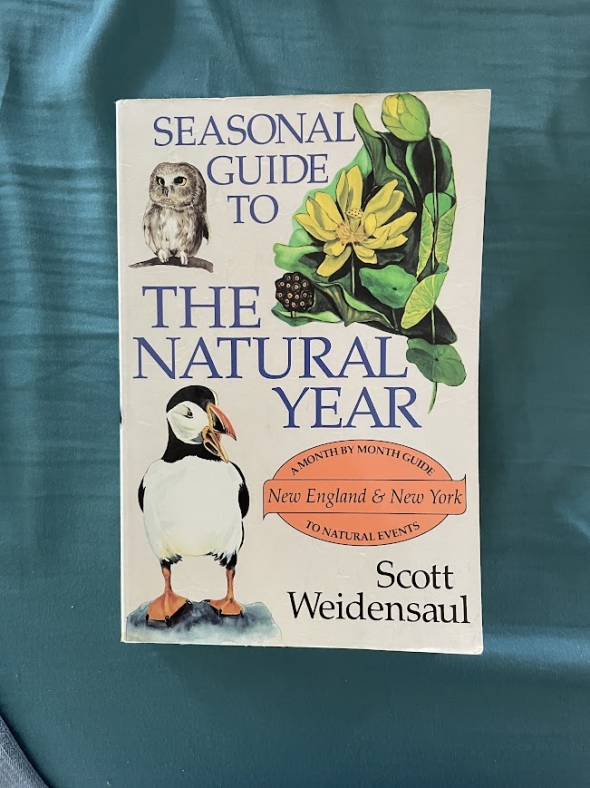 a picture of the book Seasonal Guide to the Natural Year against a blue blackground