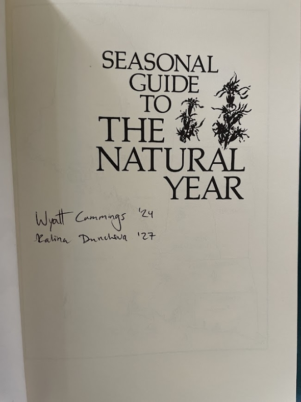 a picture of the first page of the Seasonal guide with Kalina's and Wyatt's names written in black