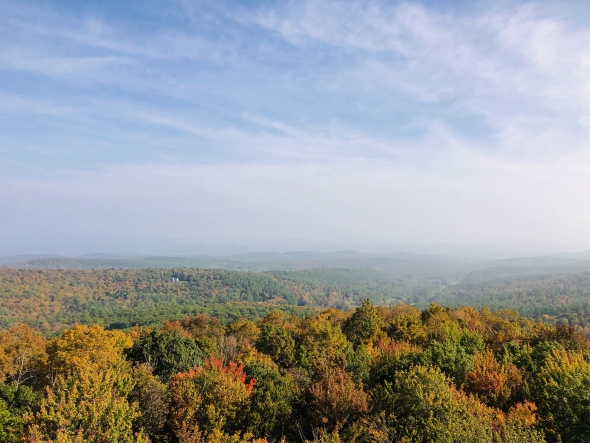 A breath-taking view of fall foliage and forested mountains that extends as far as the eye can see. 