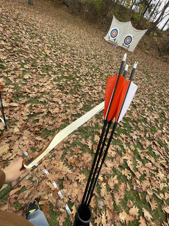  a picture a bunch of arrows and the bow in Kalina's hand with two targets visible in the background