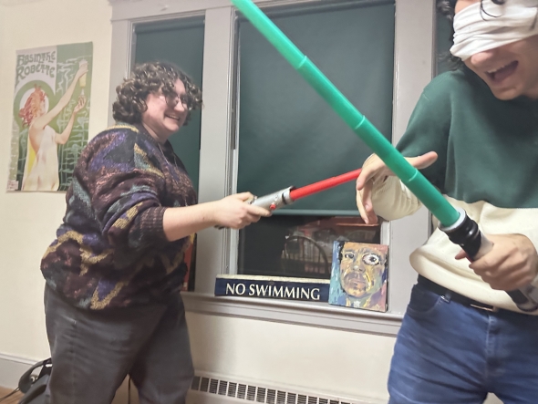 Lightsaber fight between an exasperated Production Manager and a recently blinded Director.