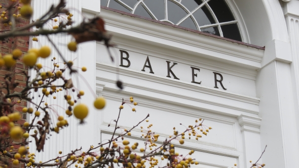 Close-up shot of Baker Library entrance.