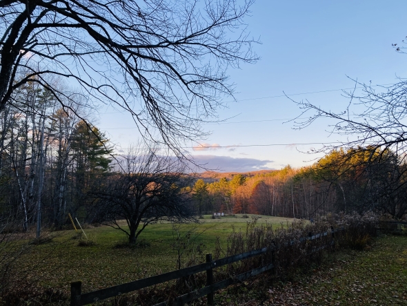 A Vermont landscape of bare trees lit by a sunset.