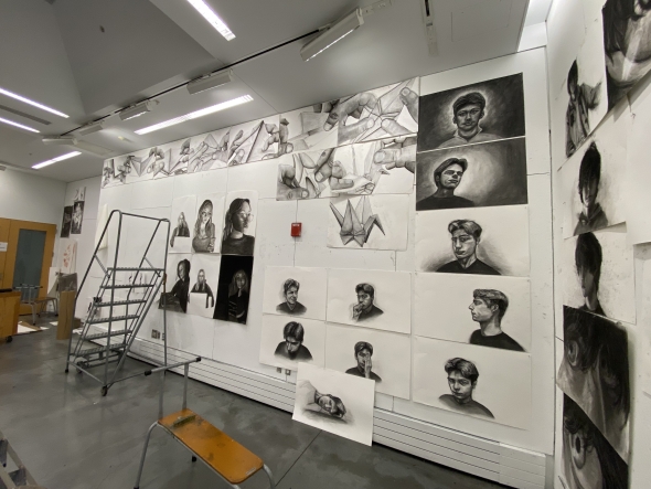  A landscape view of students' final series in the drawing studio