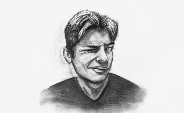 A charcoal self-portrait of the author closing one eye.