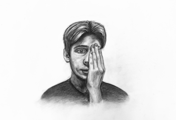 A charcoal self-portrait of the author covering one eye with his hand.