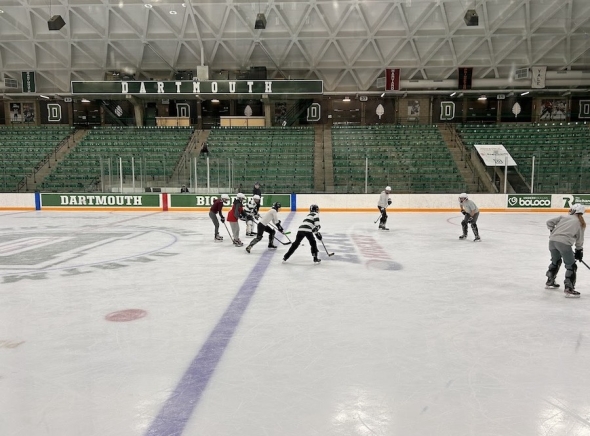 an intramural hockey game in action at Dartmouth's Thompson arena