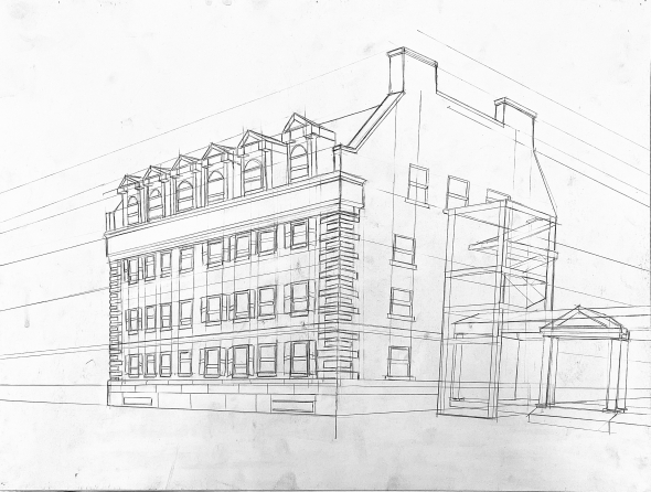 A line perspective drawing of a Dartmouth Dorm.