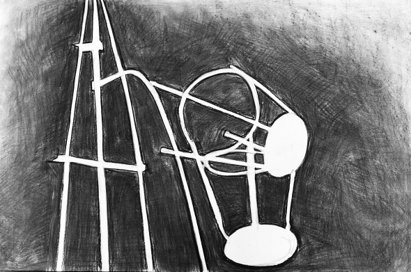 A negative drawing of easels and stools in which only the outline is shown in relief to a black background. 