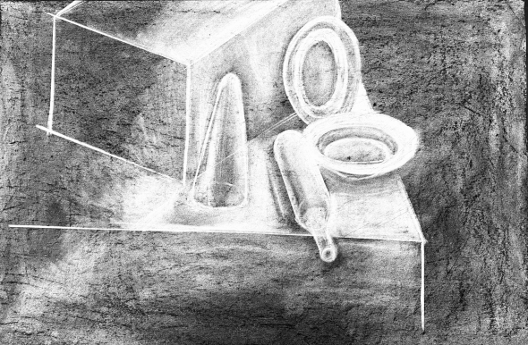 A still life negative drawing made using an eraser on paper saturated with charcoal.