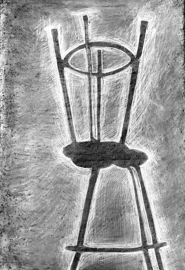 A negative drawing of stools in which only the outline is shown in relief to a white background.