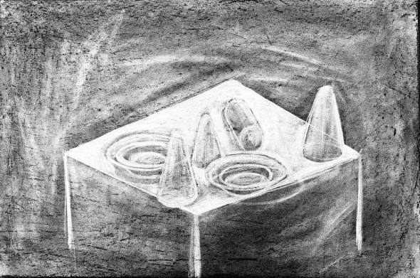 A still life negative drawing made using an eraser on paper saturated with charcoal.