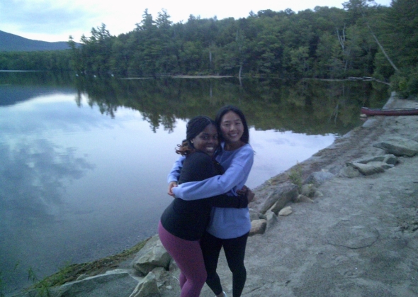 My friend Erika and I in front of the lake on our trip.