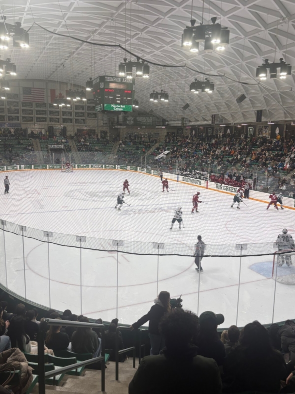 An ice hockey arena with one team in green and white and the other team in red and white. 