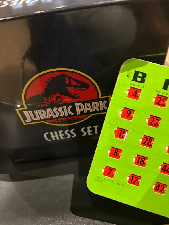 A black box with "Jurassic Park Chess Set" written on it, and a green Bingo card with all the numbers checked.