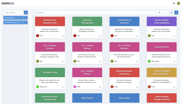 a screenshot of Kalina's team cs52 project, lessonlink, the dashboard shows lesson tiles, folders to the left, and a profile icon on top