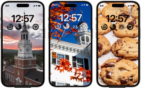 An image of three phones, all with Dartmouth images as the lock screen