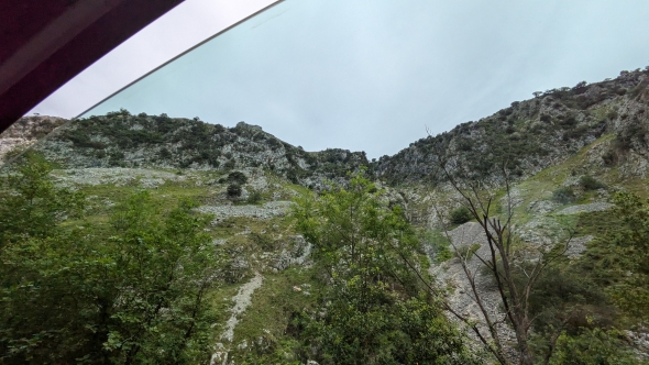 Lily took this picture in the car on the way to Fuente dé because she liked how tall the mountains are. She had to lean back in her seat to take the photo. 