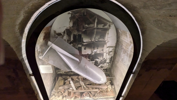 Bomb Shelter Santander 2 Bomb Shelter Santander, a display of the shell of a bomb from the war era