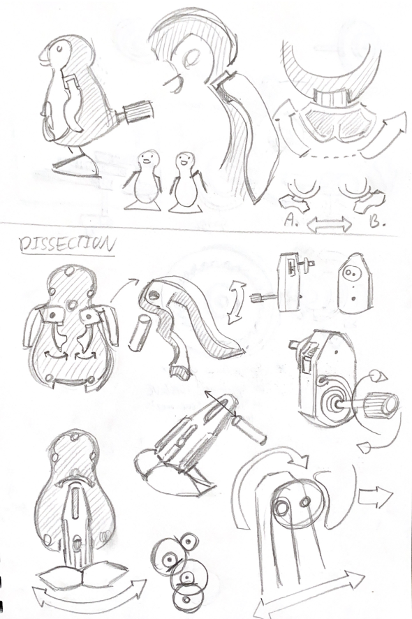 Sketches of a penguin shaped wind-up toy