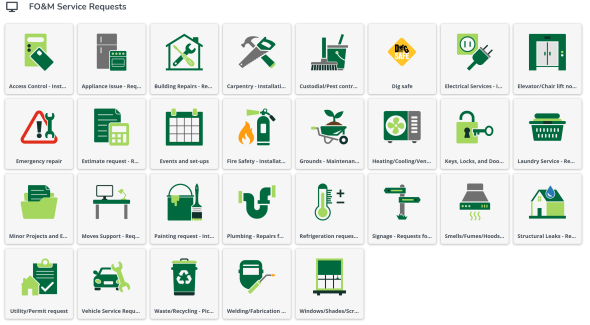 A screenshot of a webpage with different tiles symbolizing different categories of maintenance requests, ranging from Access Control to Windows/Shades/Screens.