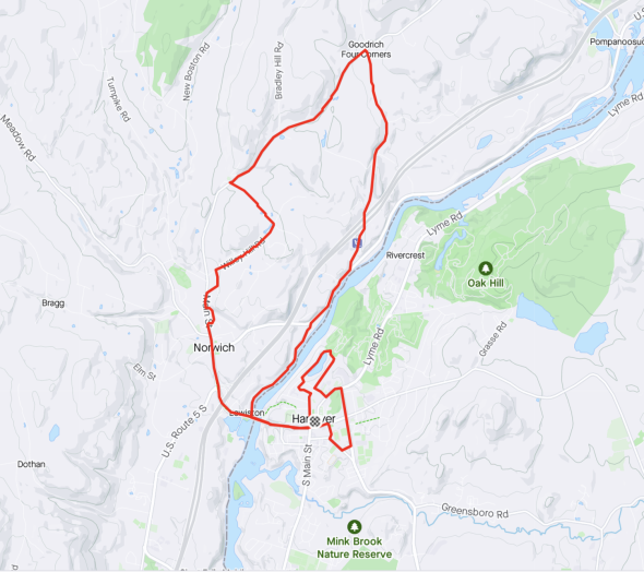 A mapped red line tracing the half marathon course from a GPS tracker