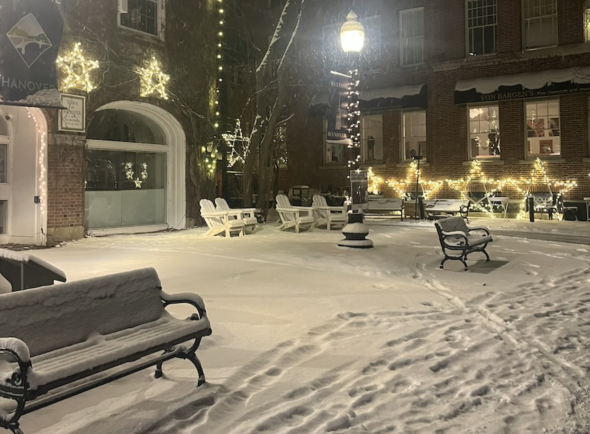 An image of a town with benches and lights all covered in snow