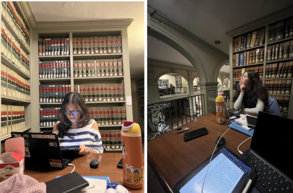 Alt text left: a woman types on her computer. Bookshelves line the wall behind her and to the left.  Alt text right: A woman stares pensively off into the distance while contemplating both the meaning of life and her homework. A bookshelf is behind her. 