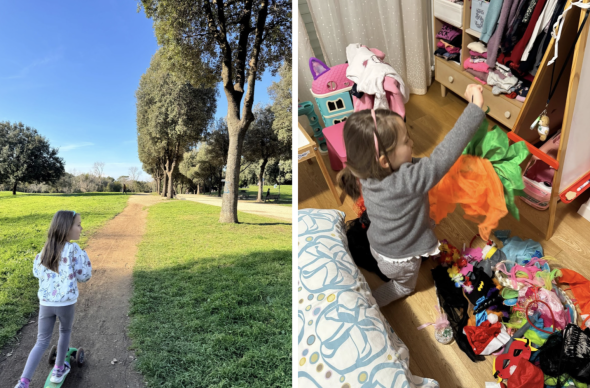 A young girl using a kick-scooter on a dirt path. It is a sunny day and there are trees in the background. A young girl playing dress-up with many costumes and wigs in her bedroom.