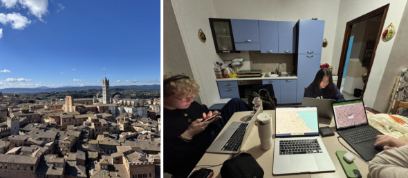 A panoramic view of Siena on a sunny day from the bell tower. A group of students gathered around a kitchen table looking at their laptops.