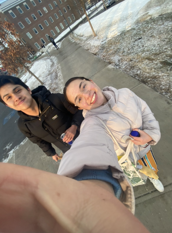 Photo of my friend and I walking into our final for Economics 01.