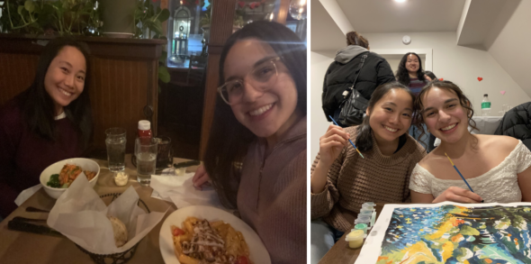 Photos of Kate and I eating at Molly's, a popular restaurant in Hanover and painting a canvas at Agape's Galentine's event.