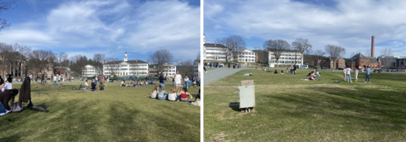Students lying down on the Green and playing spikeball.