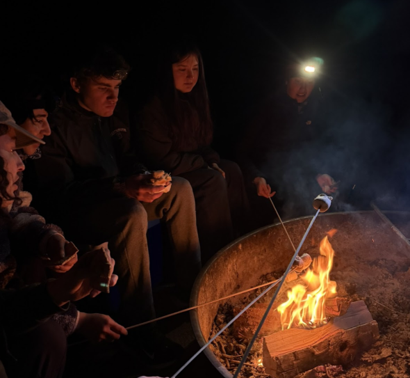 Bunch of people sitting around a warm, cozy flame. People are also holding wooden sticks with marshmallows attached to the end.