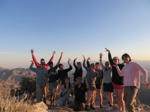 A group of students, hit by the setting sun, poses as Joshua Trees in front of a valley.