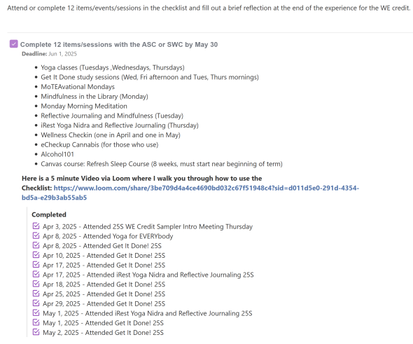 A screenshot of a checklist of events under the header "SWC Wellness Sampler Track".