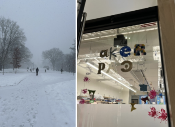 a snowy day, and a window to a room that says 'Makerspace'