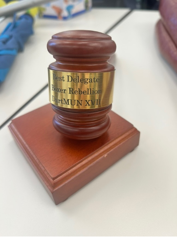 a gavel that says 'Best Delegate, Boxer Rebellion, DartMUN XVII'