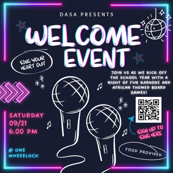 A poster with the title "Welcome Event" and two microphones, along with the date and time. The poster is disco themed, with bright neon colors (pink, purple, blue and green) in the edges of the poster.