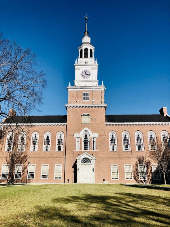A front view of Dartmouth's brick Baker Berry library tower.