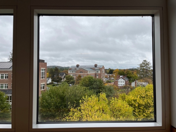 The view of bright yellow and green trees out of a window. You can see Dartmouth buildings in the background. 