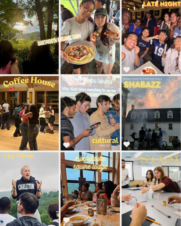A collage of FYSEP events: students visiting Dartmouth Organic Farm and Moosilauke Ravine Lodge, singing and dancing to cultural songs, and learning in the classroom!