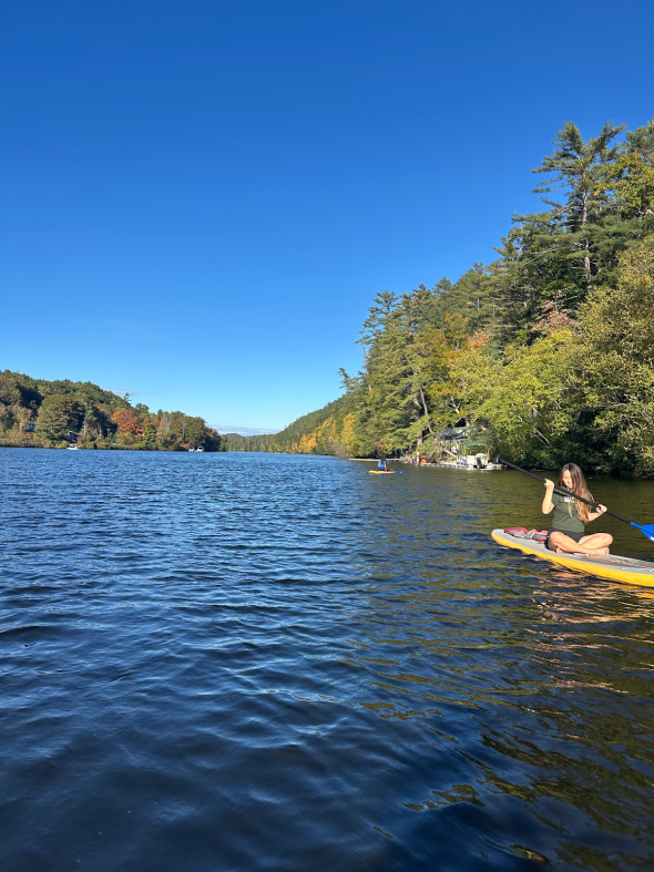Picture of a river with someone paddleboarding on it.