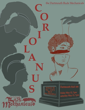 Coriolanus poster. roman armor silhouettes and a broken bust statue who's pieces are being puppeteered by an ominous floating hand