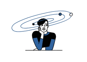 And illustration of a person with spheres orbiting around their head