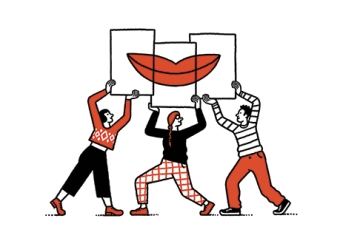 An illustration of three standing people holding signs together to form a pair of lips