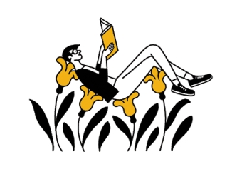 An illustration of a person lounging on yellow flowers reading a yellow book